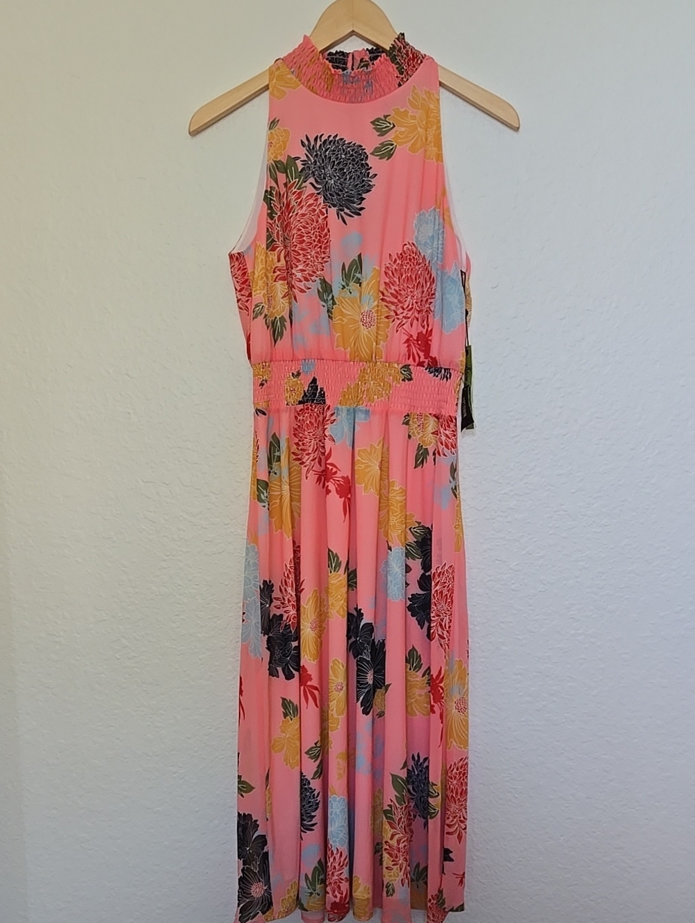 NWT Sam Edelman Bold Pink High Smocked Neck And Waist Maxi Dress with Blooms.